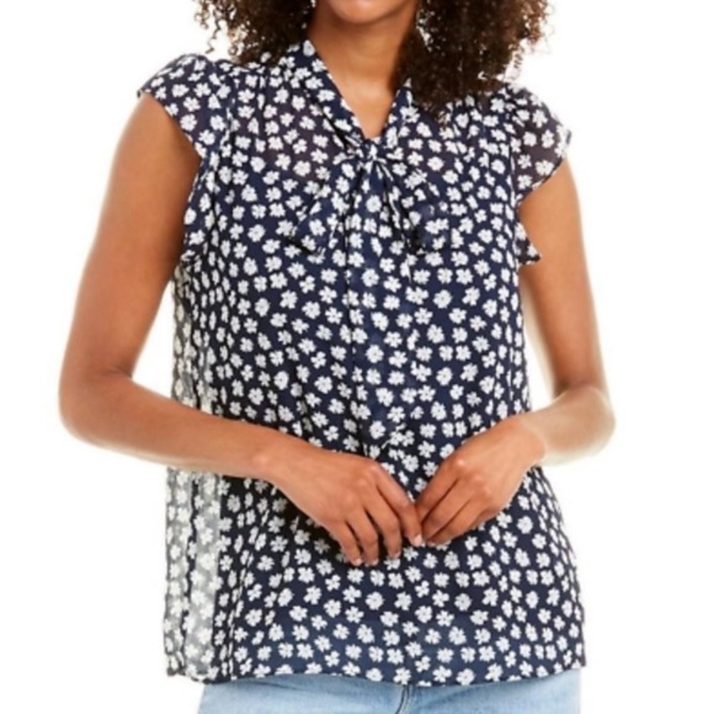 J crew Tie-neck Office business casual prairie blouse in scattered daisies print